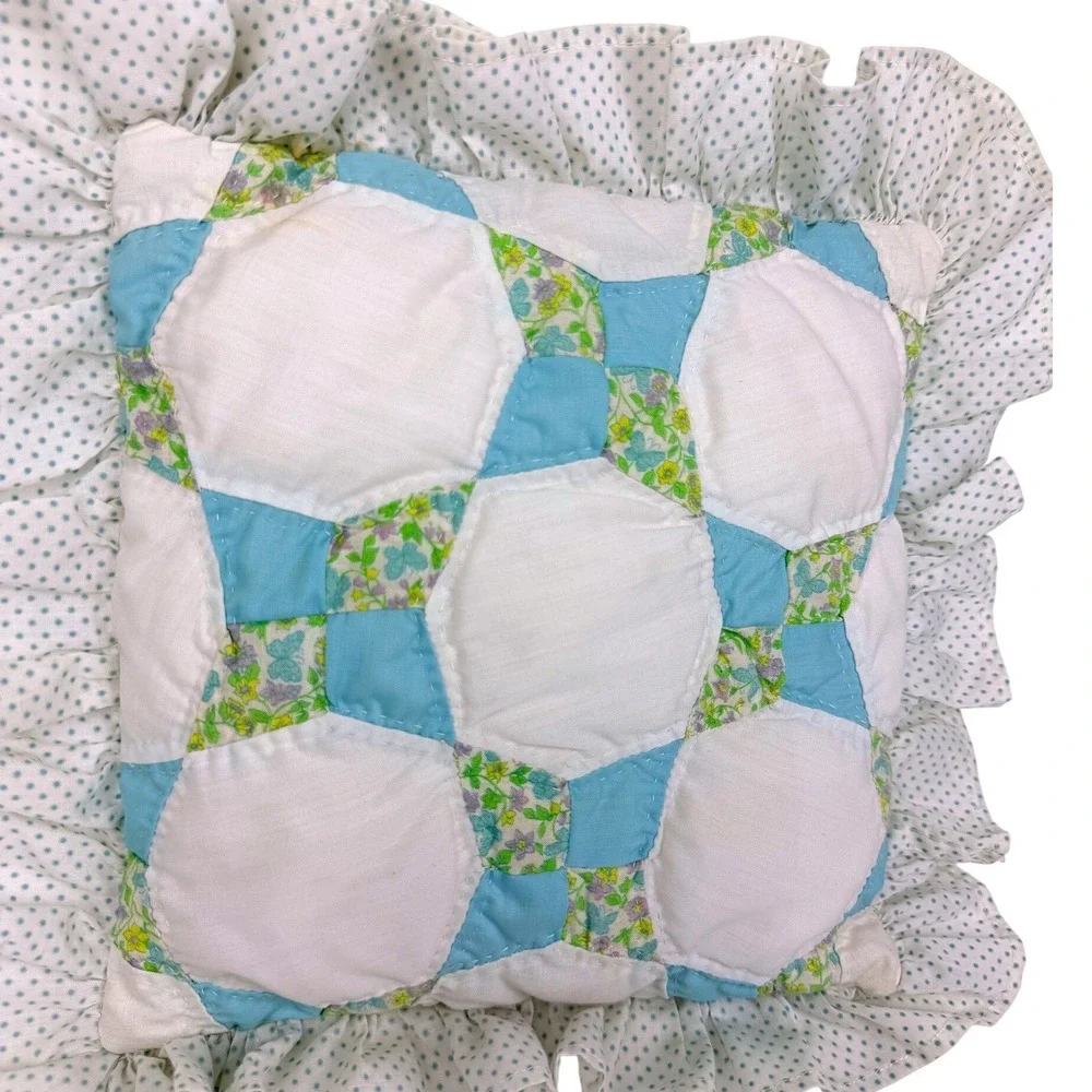 Vintage Handmade Quilted Throw Pillow Blue White Floral Butterfly Ruffle Trim BK